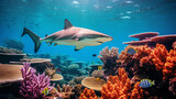 Fototapeta Do akwarium - A captivating underwater shot of a reef shark gracefully swimming past a colorful array of coral and marine life Generative AI