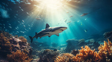 An Ethereal Shot Of A White Tip Reef Shark Gliding Through A Mesmerizing Sunbeam, Creating A Magical Underwater Scene Generative AI