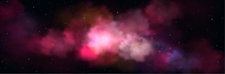 realistic night sky with pink clouds. vector illustration of magic sparkling stars scattered in dark
