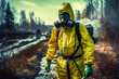 A man in a chemical protection suit against radiation sprays the area. Generative AI