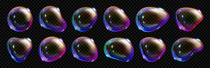 realistic set of soap bubbles isolated on transparent background. vector illustration of iridescent 