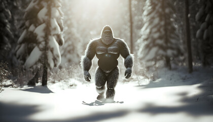 Wall Mural - Mysterious creature bigfoot in middle of winter forest with sun light. Generation AI