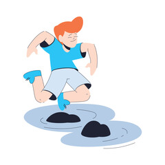 Sticker - Happy Boy Walk Over Water Step on Pebble Having Fun Vector Illustration