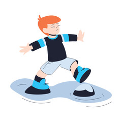 Sticker - Happy Boy Walk Over Water Step on Pebble Having Fun Vector Illustration