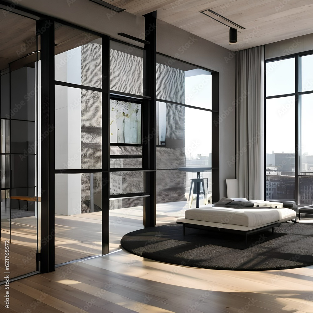 4 A minimalist loft apartment with floor-to-ceiling windows, flooded ...