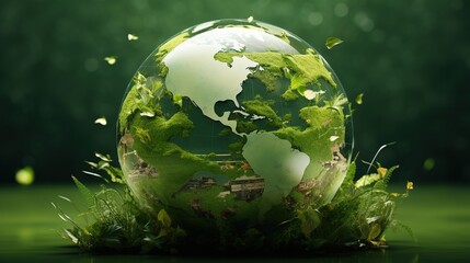 Poster - save the green planet concept with green Earth globe, Earth Day. generative AI