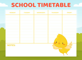 Wall Mural - School Timetable with Cute Canary Cartoon Yellow Bird Vector Template