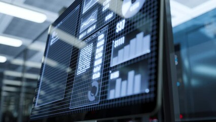 Scientific computer in a laboratory with displayed charts and programming language programs. 3d render