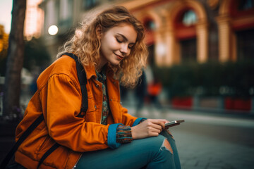 Wall Mural - Beautiful young student girl with backpack and smartphone outdoors in college campus. Generative AI