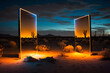 abstract mirrors at night in the desert with neon lights