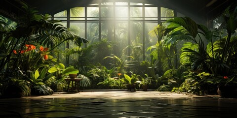 Beautiful tropical garden with green palm leaves in green forest. Rain forest backdrop idea for wallpaper beauty in nature.