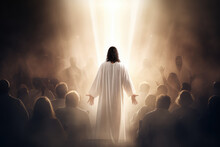 Illustrational View Of Jesus Christ In White Clothes And Loving Peaceful Face Teaching Crowd, Blurry People And Light Rays In Background, Generative AI