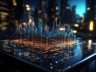 Digital Stock Market and Fintech Forex Concept. Blurry Blue Charts on Dark Blue Background. Futuristic Financial Interface. 3D Render Illustration Generative AI