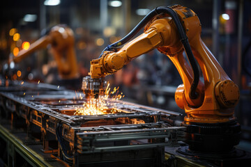Fototapete - Robotic arm for electronic assembly line. Smart modern factory automation using advanced machines. Generative AI