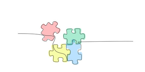 Continuous single line drawing of four puzzle pieces. Problem solving and solution business metaphor. One line colored drawing of puzzle piece for idea, business, thinking, creativity. Editable stroke