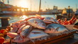 A vibrant scene at the harbor market, where a bustling fish stall proudly displays a bountiful stack of freshly caught fish, showcasing the local maritime bounty in all its splendor. Generative Ai.