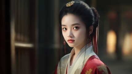 In a palace a girl dressed in a gorgeous Hanfu traditional Chinese clothing she is pretty with long black hair.