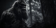 © JoelMasson - Black and white portrait of a Bigfoot wood ape in a North American forest at night. Sasquatch in the woods banner. Generative AI illustration