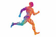 © twindesigner - Silhouette of a running man crafted entirely from vibrant and colorful triangles, creating a dynamic prism effect against a clean white background. Ai generated