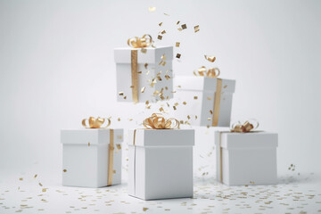 Wall Mural - Flying White gift boxes with golden bow and for occasion event, Birthday gift, Valentines gift , Mother's day , Generative AI