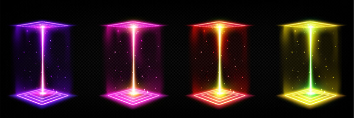 Poster - 3d hologram square neon light effect game portal. technology metaverse cube stage frame for scifi te