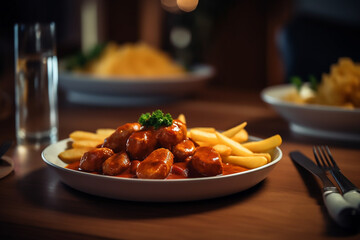 Wall Mural - Currywurst with a French fries as sides , a German cuisine 