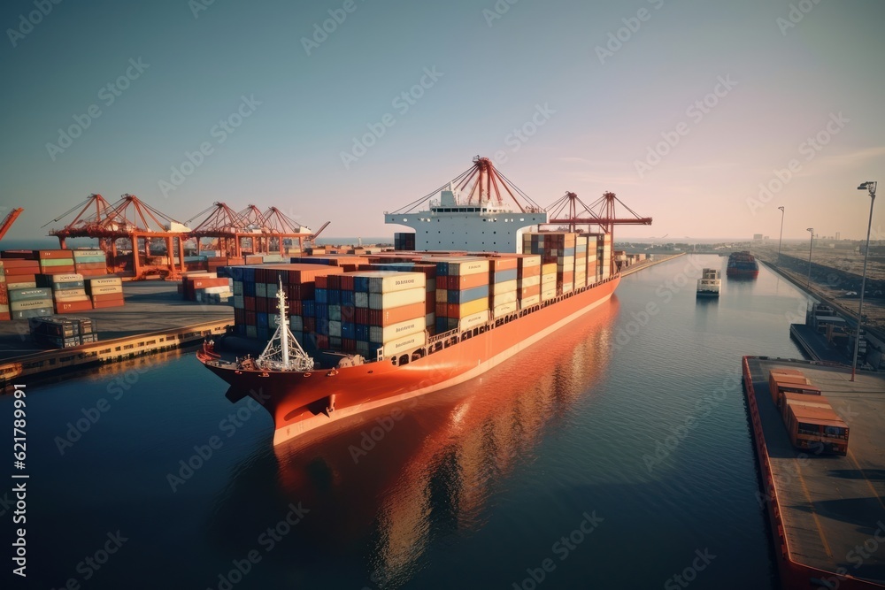 Container ship at the berth in the cargo terminal of the port. A fully ...