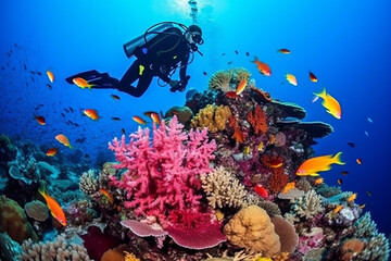 Scuba diving man exploring a breathtaking coral reef teeming with vibrant marine life, offering a captivating glimpse into the rich biodiversity and beauty of the ocean. Ai generated