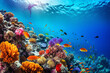 © twindesigner - Scuba diving man exploring a breathtaking coral reef teeming with vibrant marine life, offering a captivating glimpse into the rich biodiversity and beauty of the ocean. Ai generated