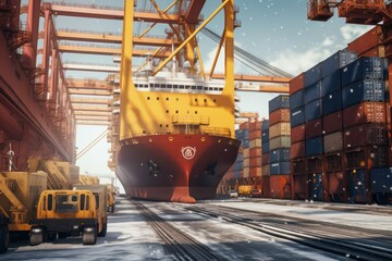 Loading a container ship at cargo berth of the seaport using port cranes. Containers are stacked and secured on board the cargo ship. Global transportation and logistic concept. 3D illustration.