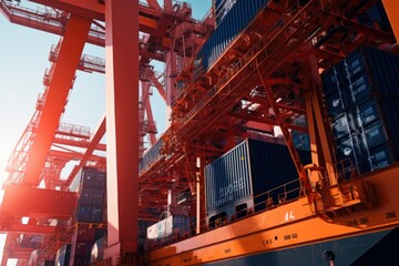 Close-up of a huge port crane. Containers are stacked on the loading dock and ready to be loaded onboard a container ship. Global freight transport and logistic concept. 3D illustration.