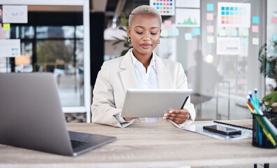 Poster - Laptop, business and black woman in office on tablet for research, website and browse internet. Corporate, connection and female person on digital tech working on online project, report and review