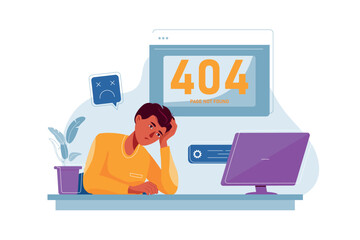 Aufkleber - 404 page not found concept with people scene in the flat cartoon design. An office worker is upset because he cannot open a website. Vector illustration.
