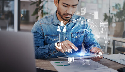 Poster - Man, tablet and startup with hologram app ui, web design or creativity for seo with dashboard. Developer, digital touchscreen and typing for futuristic application, programming or holographic menu ux