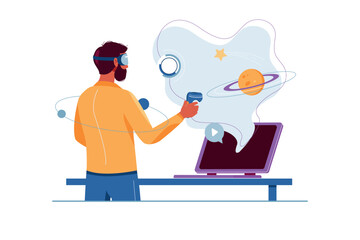 Aufkleber - Metaverse concept with people scene in the flat cartoon design. A man is in the metaverse with the help of digital gadgets. Vector illustration.