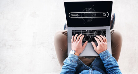 Poster - Laptop, search bar and hands of business man typing on browser for research, website and internet. Keyboard, iot and above of male person on computer homepage for information, knowledge and working