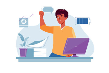 Poster - Productivity concept with people scene in the flat cartoon style. A highly productive employee completed many tasks. Vector illustration.