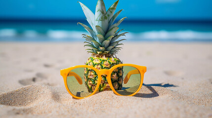 Canvas Print - Pineapple in Sunglasses on the Sand at the Beach