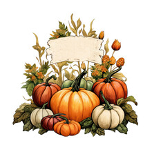 Vintage Illustration Of A Farmer's Market Sign For A Pumpkin Patch. Pumpkins And Autumn Leaves Around The Sign.