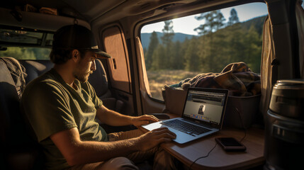 Man, Influencer in Camper van with Laptop computer