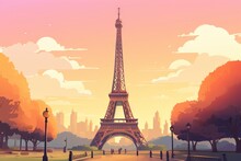 Eiffel Tower At Sunset With Painting Cartoon Design. Generative AI