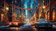 Retro Cars In The Old Town In Snowy Weather For Christmas, Generative AI