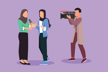 Wall Mural - Cartoon flat style drawing Arab woman journalist with microphone, interview Arabian girl at tv studio. Reporter and cameraman broadcast breaking news at live stream. Graphic design vector illustration