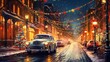 Leinwandbild Motiv Retro cars in the old town in snowy weather for Christmas, Generative AI