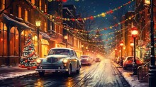 Retro Cars In The Old Town In Snowy Weather For Christmas, Generative AI