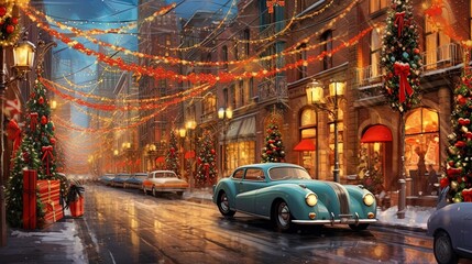 Retro cars in the old town in snowy weather for Christmas, Generative AI