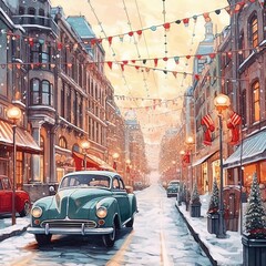 Naklejka na meble Retro cars in the old town in snowy weather for Christmas, Generative AI