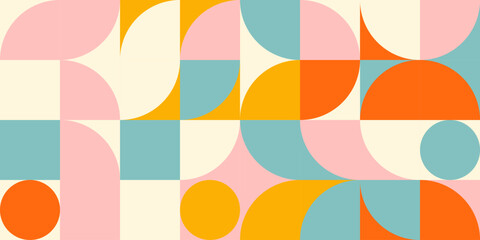 Fototapete - Retro geometric aesthetics. Bauhaus and avant-garde inspired vector background with abstract simple shapes like circle, square, semi circle. Colorful pattern in nostalgic pastel colors.