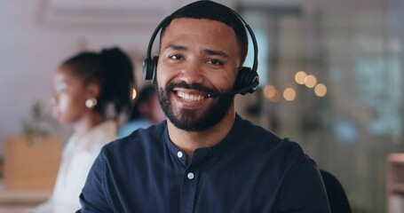 Poster - Business man, telemarketing and portrait with a smile in a office with call center consultant. Male person, professional face and customer service late with crm and contact us support at company