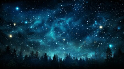 Poster - Fantasy night sky with stars, northern lighting over the top trees. Mystical space background with stars and nebula. 3D rendering. 3d rendering